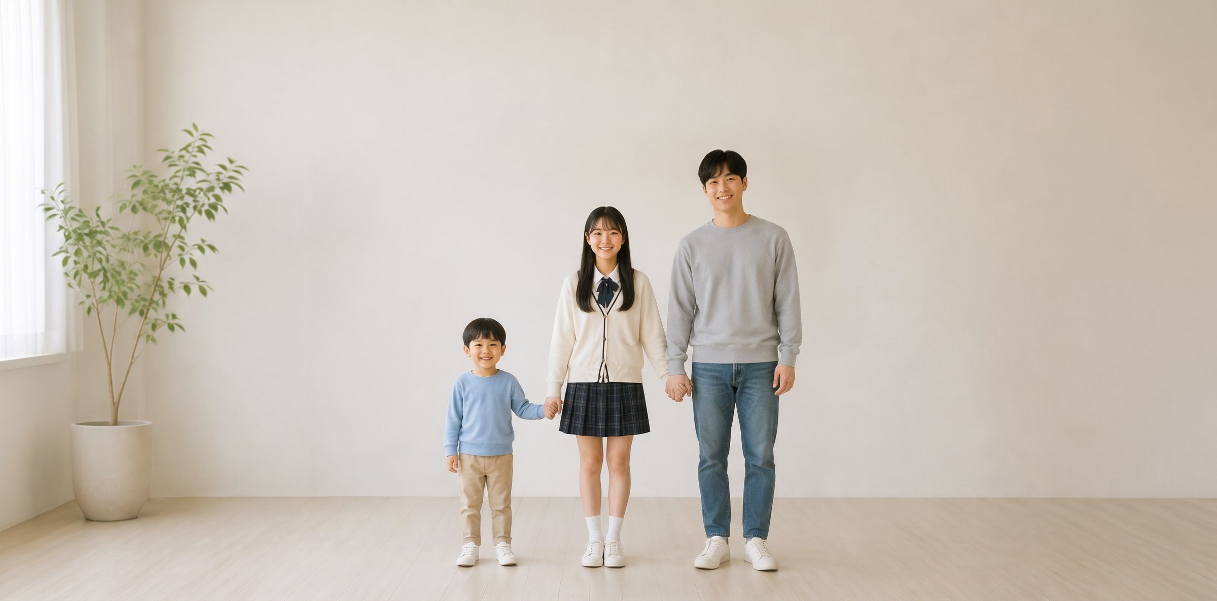 밝은 실내에 손을 잡고 서 있는 아이, 학생, 성인