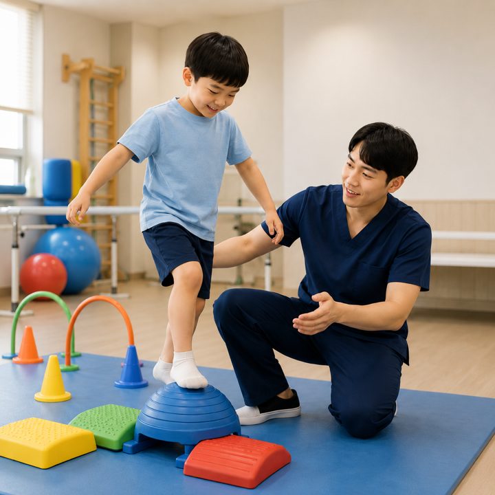 치료사의 도움을 받아 균형 운동을 하는 아이